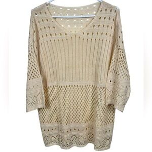 Knit lace cream crochet vneck summer sweater, L, long, Boho Hippie Beach Vibe